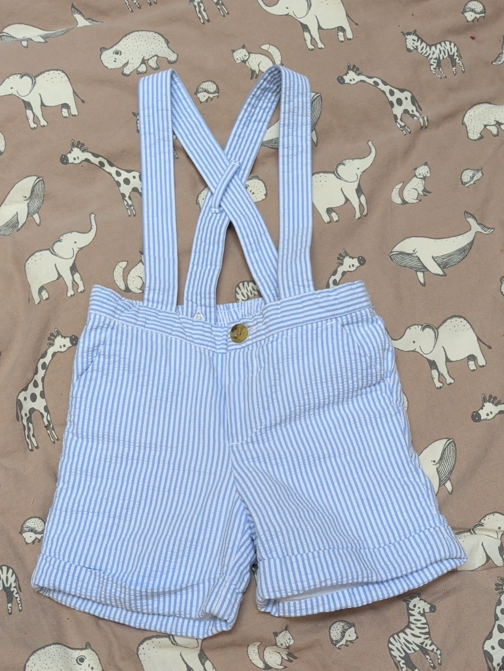 Janie and Jack Light Blue and White Striped Suspender Shorts